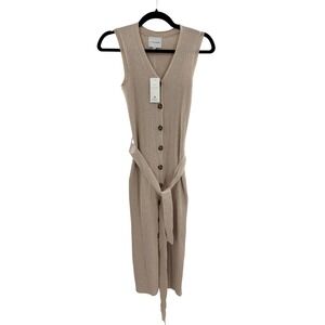 NWT PINK ROSE Knit Button Front Midi Dress Beige Sleeveless Belted Ribbed Size S